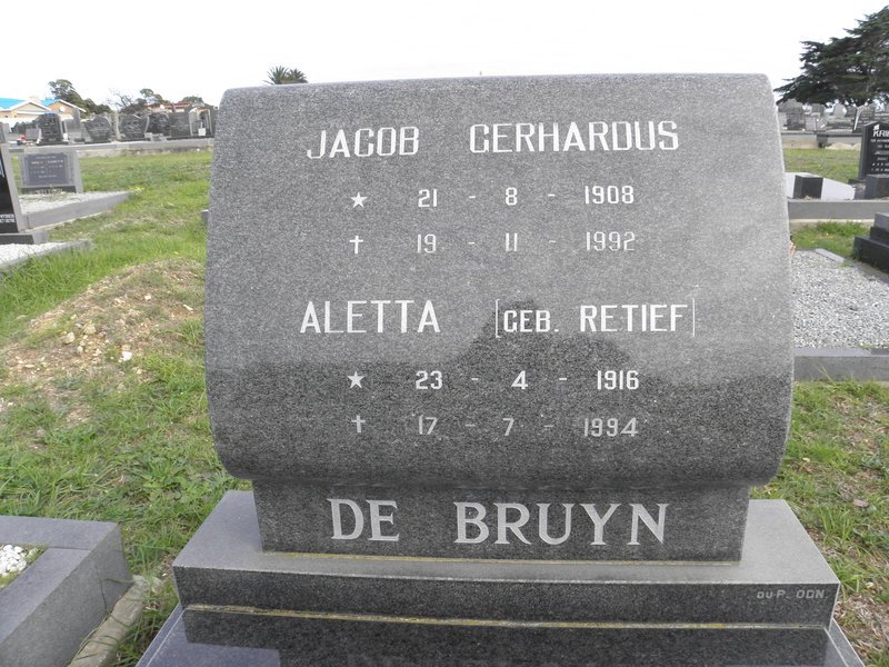 BRUYN Jacob Gerhardus, de 1908-1992 &amp; Aletta RETIEF 1916-1994