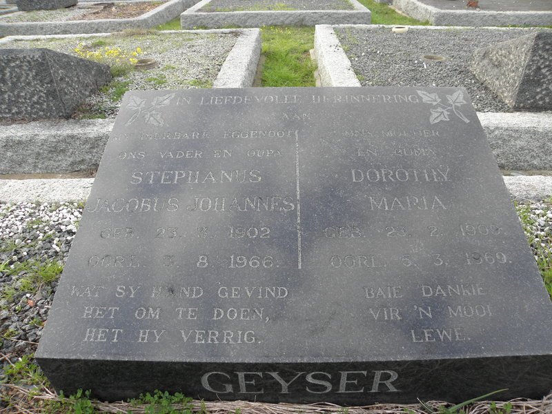 GEYSER Stephanus Jacobus Johannes 1902-1966 &amp; Dorothy Maria 1909-1969