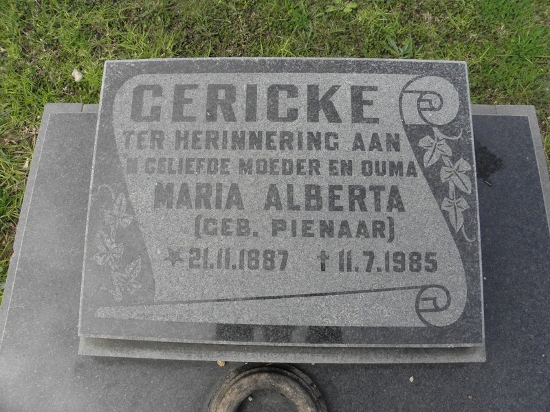 GERICKE Maria Alberta nee PIENAAR 1887-1985