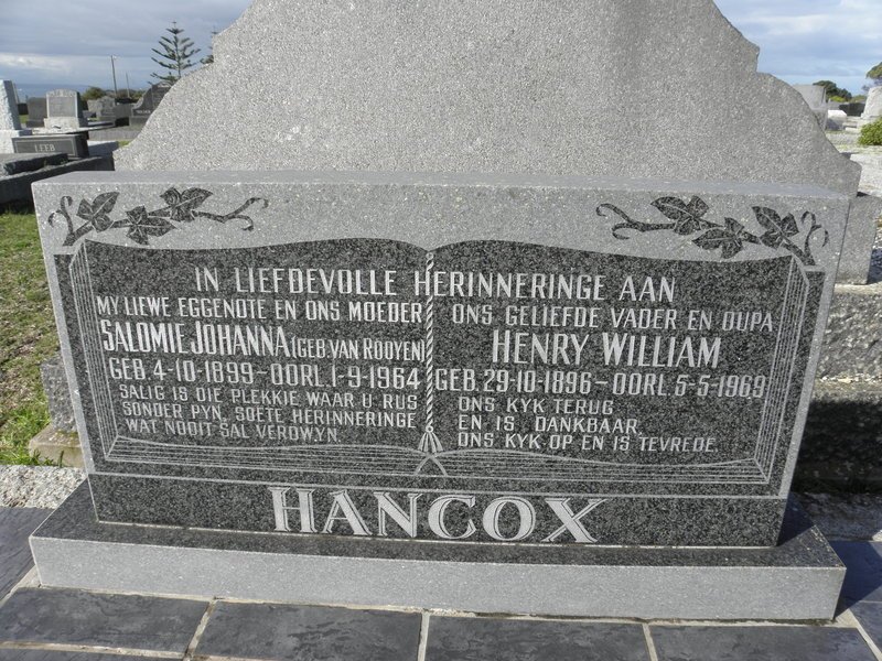 HANCOX Henry William 1896-1969 &amp; Salomie Johanna VAN ROOYEN 1899-1964