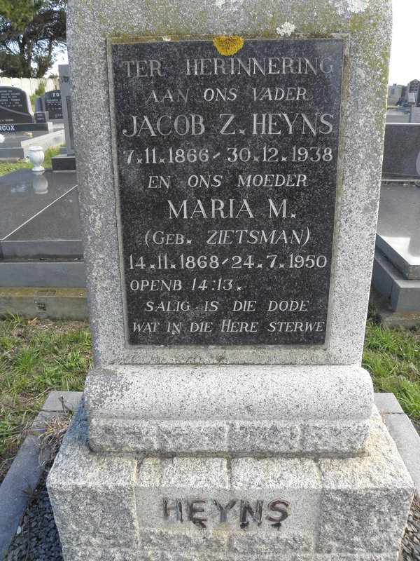 HEYNS Jacob Z. 1866-1938 &amp; Maria M ZIETSMAN 1868-1950