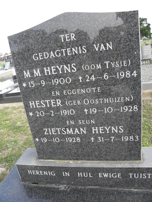 HEYNS M.M. 1900-1984 &amp; Hester OOSTHUIZEN 1910-1928 :: HEYNS Zietsman 1928-1983