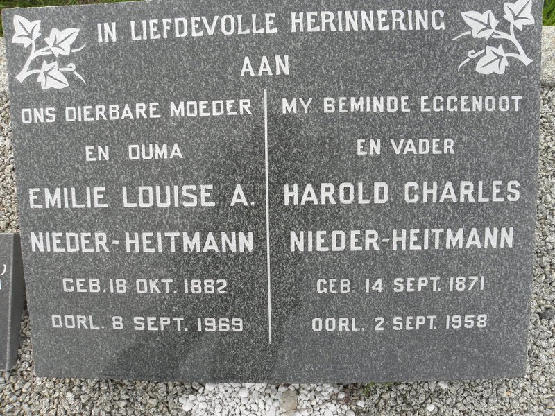HEITMANN Harold Charles, Nieder 1871-1958 &amp; Emilie Louise A. 1882-1969