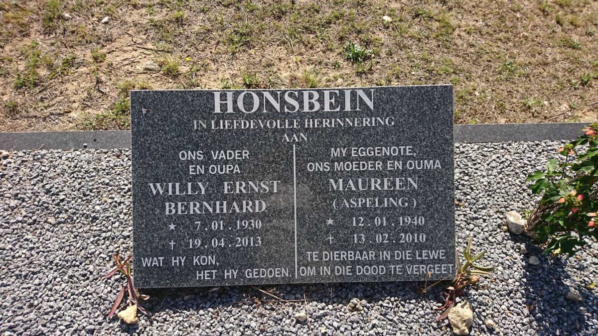 HONSBEIN Willy Ernst Bernhard 1930-2013 &amp; Maureen ASPELING 1940-2010