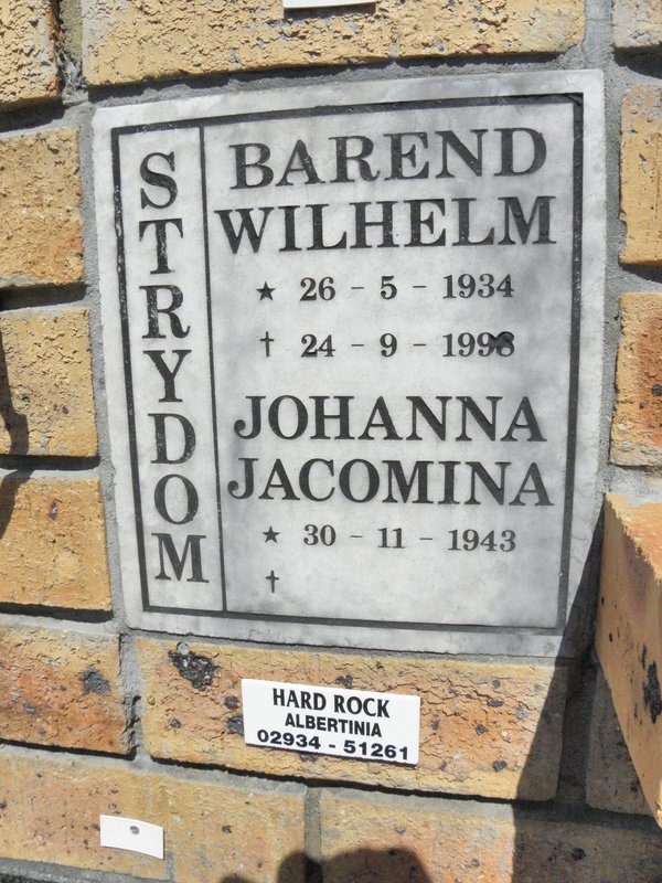 STRYDOM Barend Wilhelm 1934-1998 &amp; Johanna Jacomina 1943-
