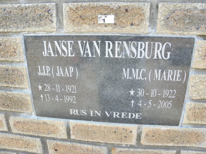 RENSBURG J.J.P., Janse van 1921-1992 &amp; M.M.C. 1922-2005