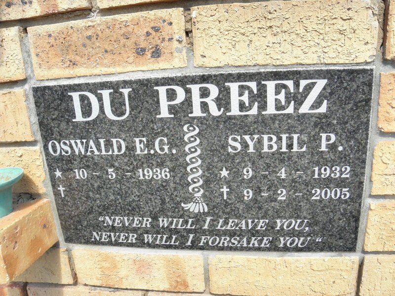 PREEZ Oswald E.G.. du 1936- &amp; Sybil P. 1932-2005