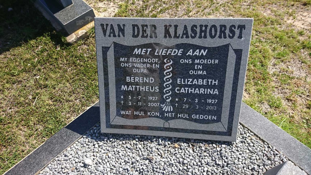 KLASHORST Berend Mattheus, van der 1927-2007 &amp; Elizabeth Catharina 1927-2013