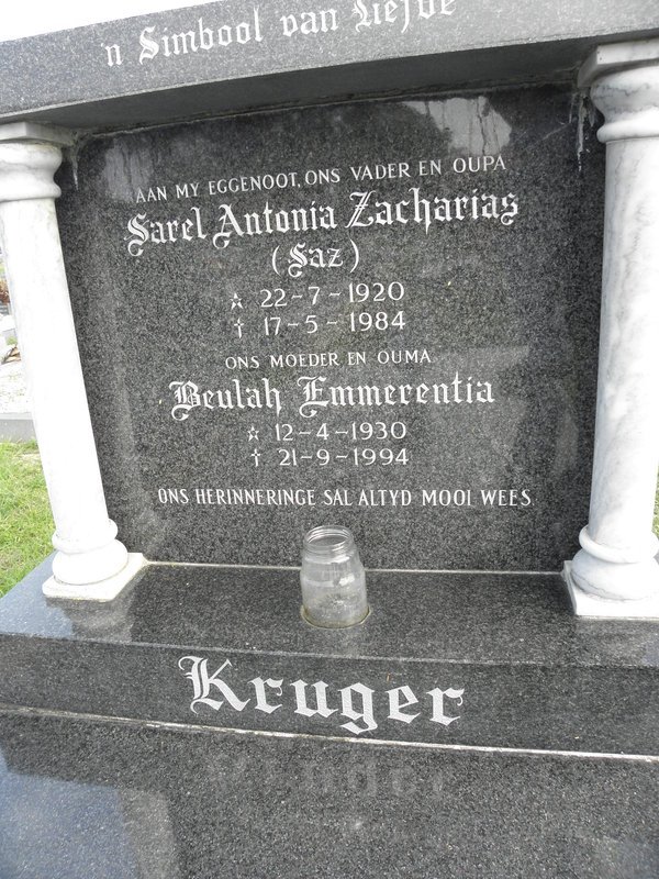 KRUGER Sarel Antonia Zacharias 1920-1984 &amp; Beulah Emmerentia 1930-1994