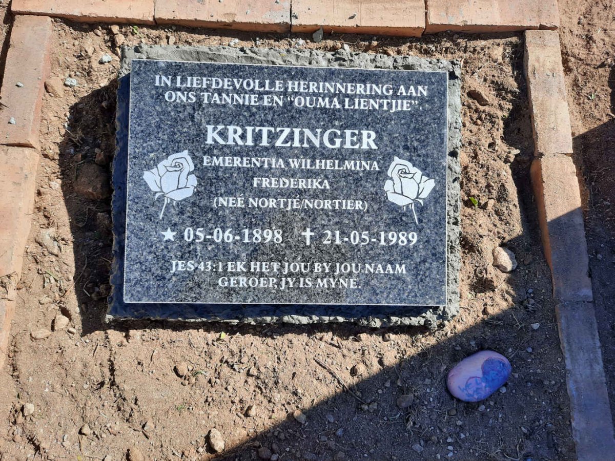 KRITZINGER Emerentia Wilhelmina Frederika nee NORTJÉ / NORTIER 1898-1989