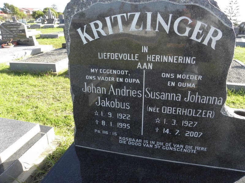 KRITZINGER Johan Andries Jacobus 1922-1995 &amp; Susanna Johanna OBERHOLZER 1927-2007