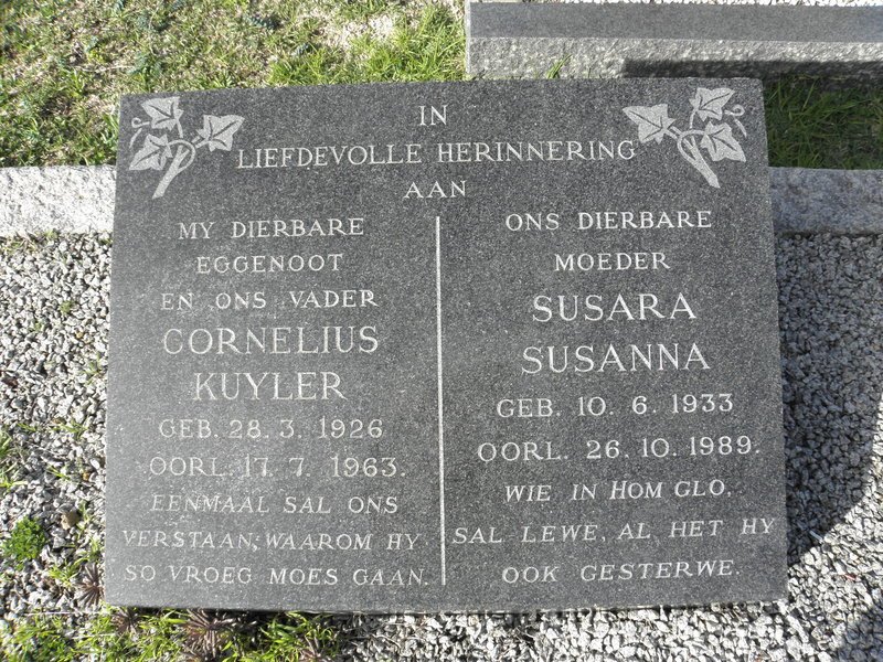 KUYLER Cornelius 1926-1963 &amp; Susara Susanna 1933-1989