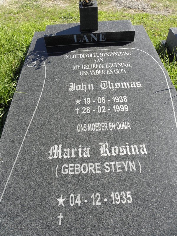 LANE John Thomas 1938-1999 &amp; Maria Rosina STEYN 1935-