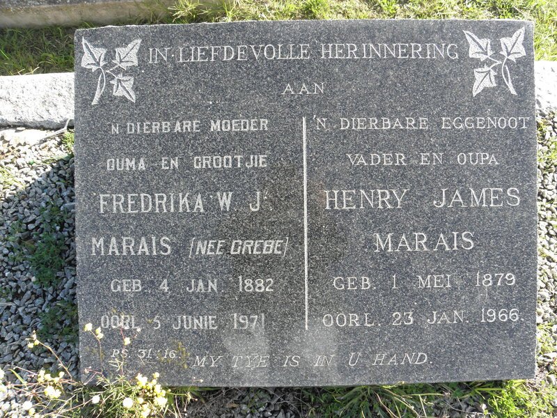 MARAIS Henry James 1879-1966 &amp; Fredrika W.J. GREBE 1882-1971
