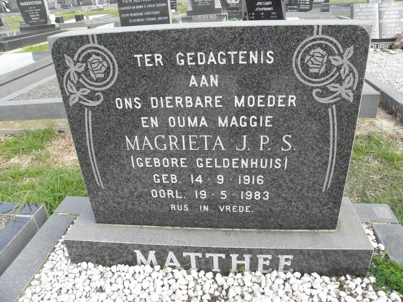 MATTHEE Magrieta J.P.S. nee GELDENHUIS 1916-1983