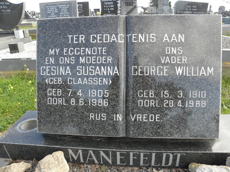 MANEFELDT George William 1910-1988 &amp; Gesina Susanna CLAASSEN 1905-1986