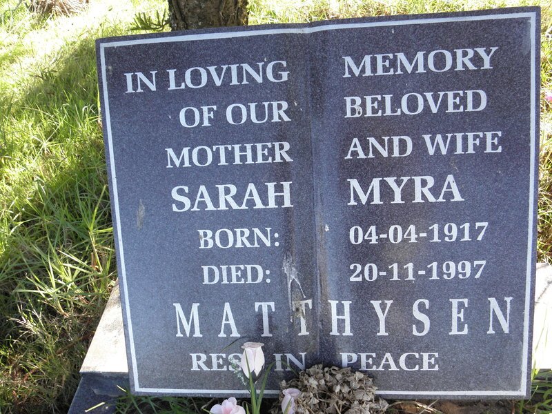 MATTHYSEN Sarah Myra 1917-1997