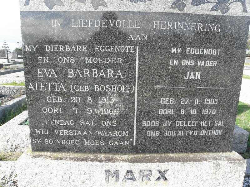 MARX Jan 1905-1970 &amp; Eva Barbara Aletta BOSHOFF 1913-1966