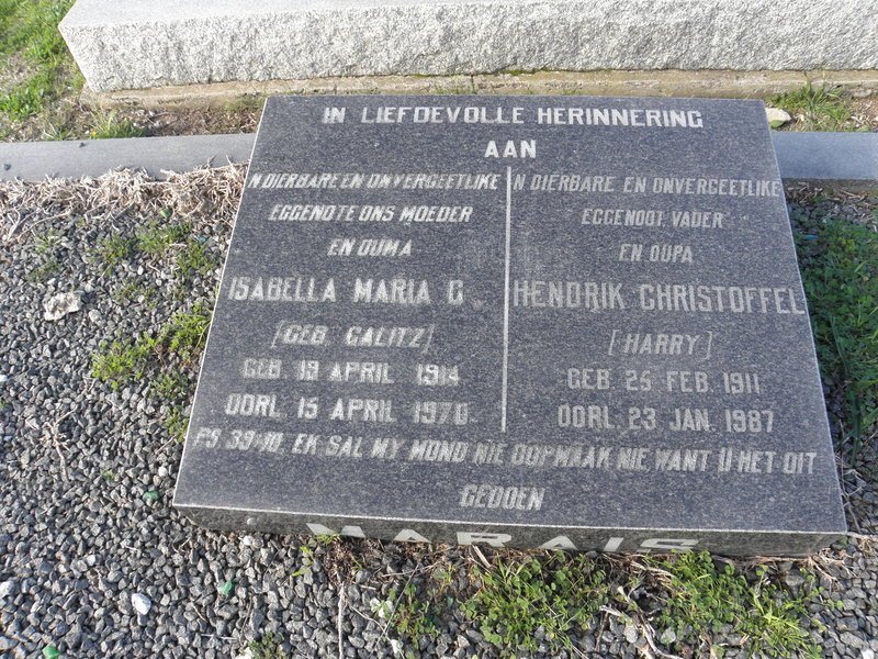 MARAIS Hendrik Christoffel 1911-1987 &amp; Isabella Maria C. CALITZ 1914-1970