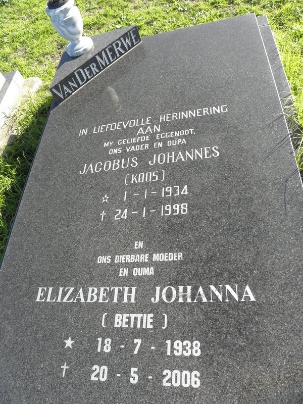 MERWE Jacobus Johannes, van der 1934-1998 &amp; Elizabeth Johanna 1938-2006