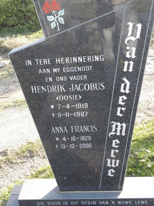 MERWE Hendrik Jacobus, van der 1919-1987 &amp; Anna Francis 1920-2000