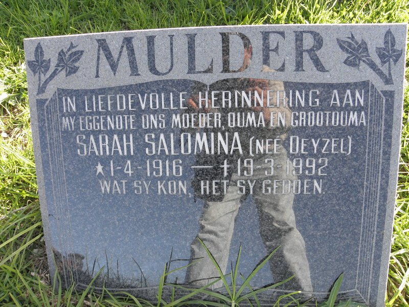 MULDER Sarah Salomina nee DEYZEL 1916-1992