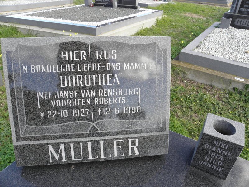 MULLER Dorothea formerly ROBERTS nee JANSE VAN RENSBURG 1927-1990