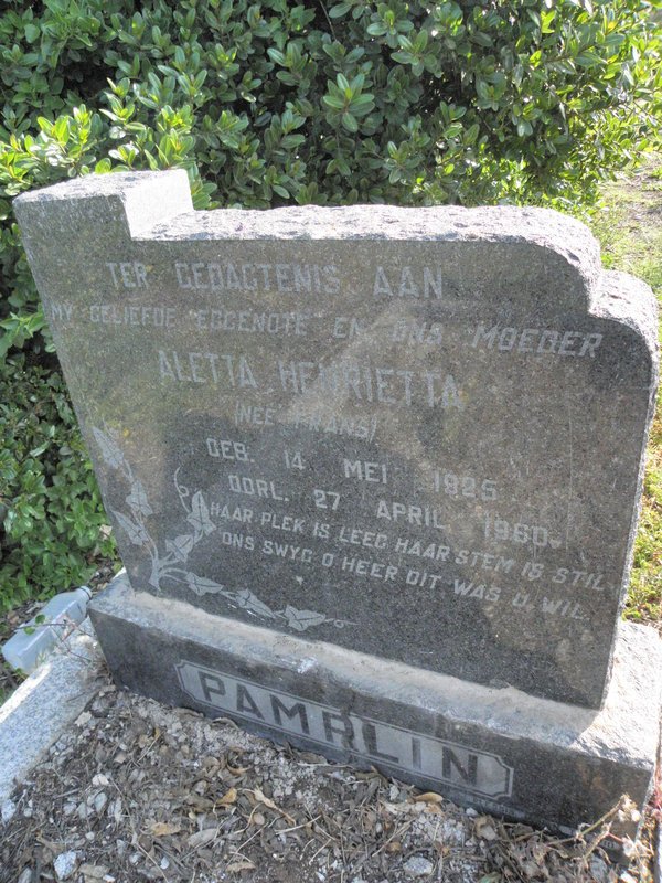 PAMPLIN Aletta Henrietta nee FRANS 1925-1960