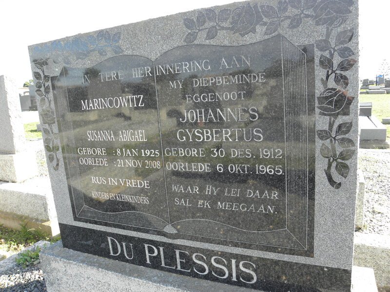 PLESSIS Johannes Gysbertus, du 1912-1965 :: MARINCOWITZ Susanna Abigael 1925-2008
