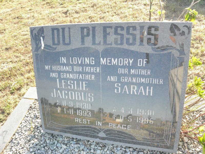 PLESSIS Leslie Jacobus, du 1930-1993 &amp; Sarah 1930-1995