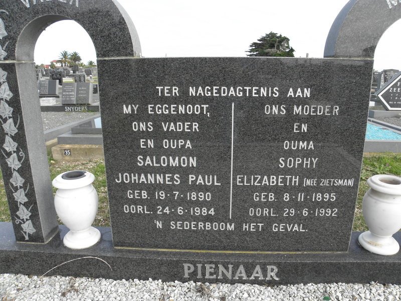PIENAAR Salomon Johannes Paul 1890-1984 &amp; Sophy Elizabeth ZIETSMAN 1895-1992