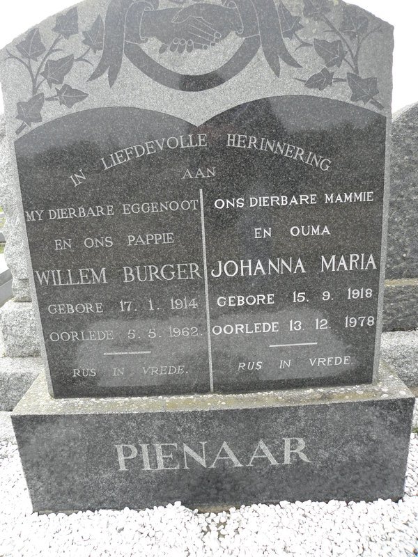 PIENAAR Willem Burger 1914-1962 &amp; Johanna Maria 1918-1978