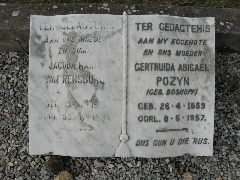POZYN Gertruida Abigael nee BOSHOFF 1889-1957 :: RENSBURG Jacoba Maria, van 1916-1993