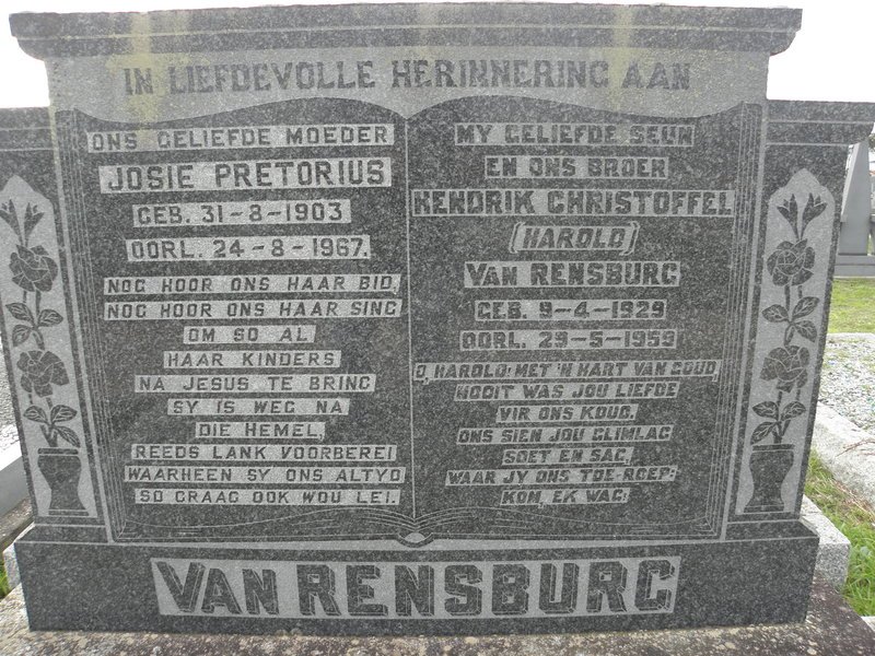 PRETORIUS Josie 1903-1967 :: VAN RENSBURG Hendrik Christoffel 1929-1959