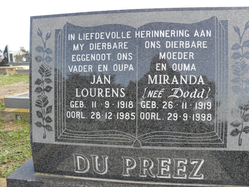 PREEZ Jan Lourens, du 1918-1985 &amp; Miranda DODD 1919-1998