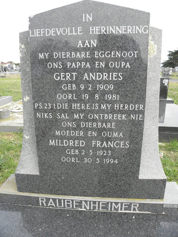 RAUBENHEIMER Gert Andries 1908-1981 &amp; Mildred Frances 1923-1994