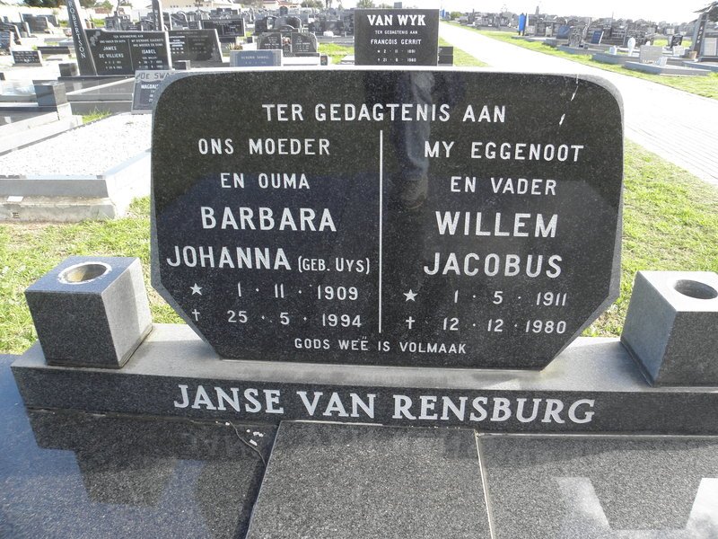 RENSBURG Willem Jacobus, Janse van 1911-1980 &amp; Barbara Johanna UYS 1909-1994