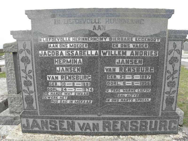 RENSBURG Willem Andries, Jansen van 1887-1956 &amp; Jacoba Issabella Hermina 1891-1974