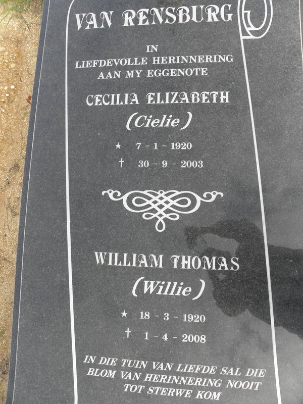 RENSBURG Wlliam Thomas, van 1920-2008 &amp; Cecilia Elizabeth 1920-2003