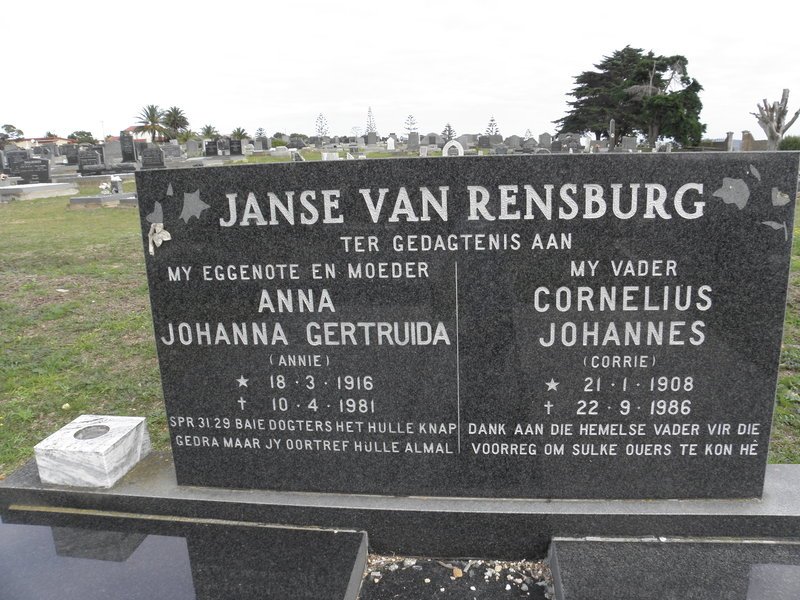 RENSBURG Cornelius Johannes, Janse van 1908-1986 &amp; Anna Johanna Gertruida 1916-1981