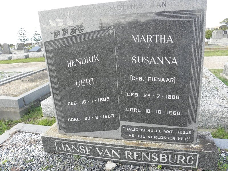 RENSBURG Hendrik Gert, Janse van 1888-1963 &amp; Martha Susanna PIENAAR 1888-1968