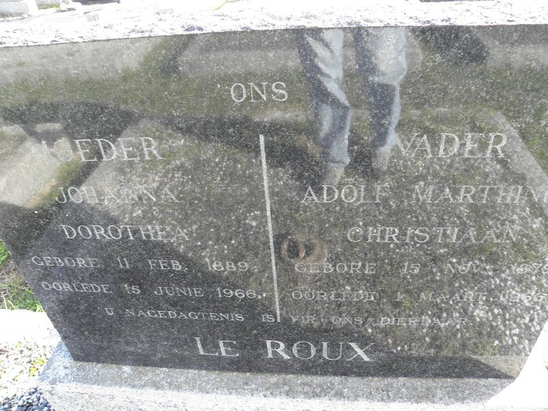 ROUX Adolf Marthinus Christiaan, le 1879-1966 &amp; Johanna Dorothea 1889-1966