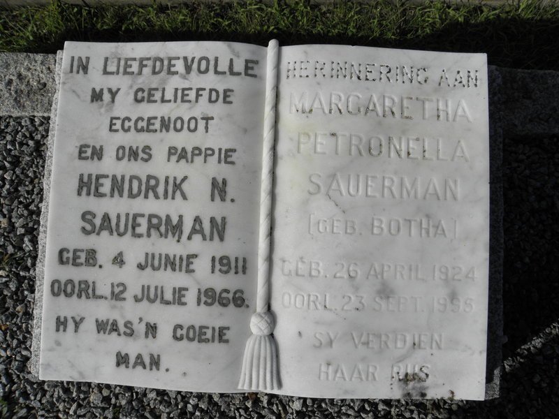 SAUERMAN Hendrik N. 1911-1966 &amp; Margaretha Petronella BOTHA 1924-1995