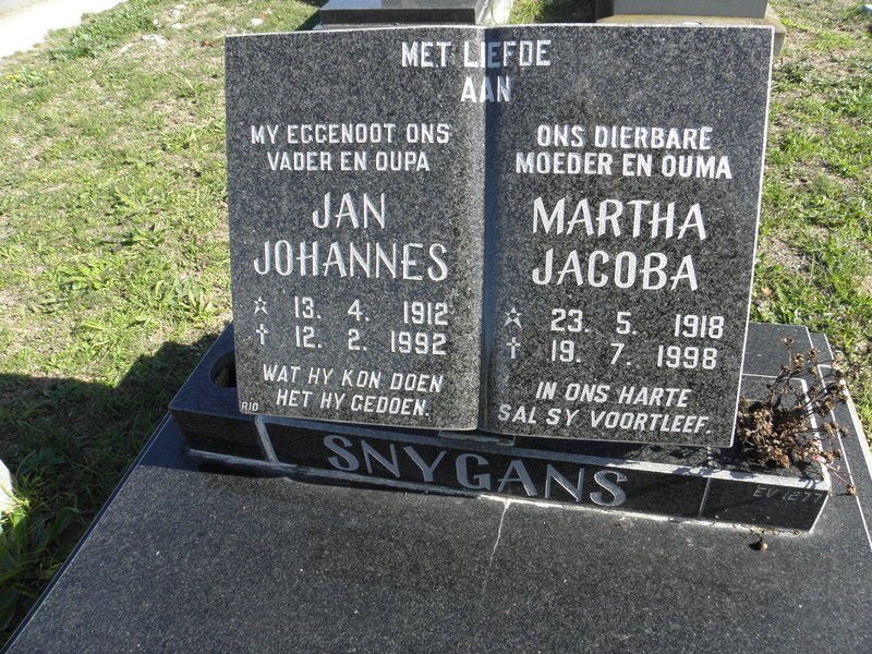 SNYGANS Jan Johannes 1912-1992 &amp; Martha Jacoba 1918-1998