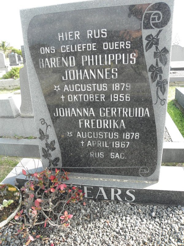 STEARS Barend Philippus Johannes 1879-1956 &amp; Johanna Gertruida Fredrika 1878-1967