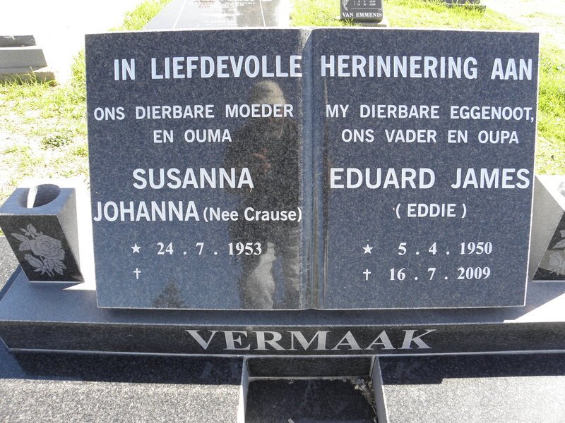 VERMAAK Eduard James 1950-2009 &amp; Susanna Johanna CRAUSE 1953-