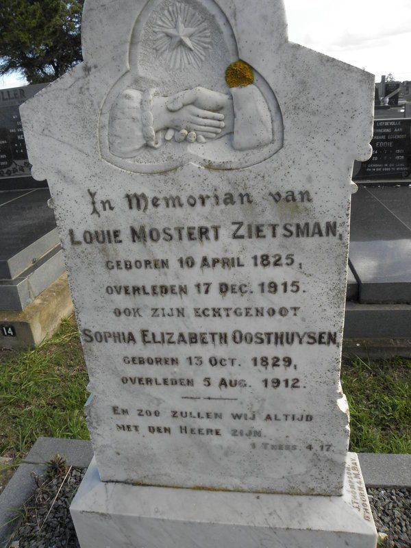 ZIETSMAN Louie Mostert 1825-1915 &amp; Sophia Elizabeth OOSTHUYSEN 1829-1912