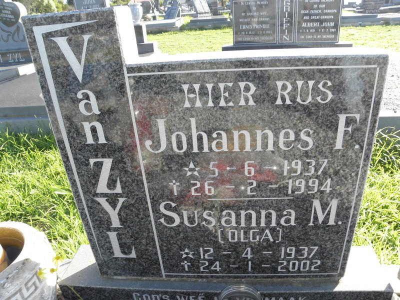 ZYL Johannes F., van 1937-1994 &amp; Susanna M. 1937-2002