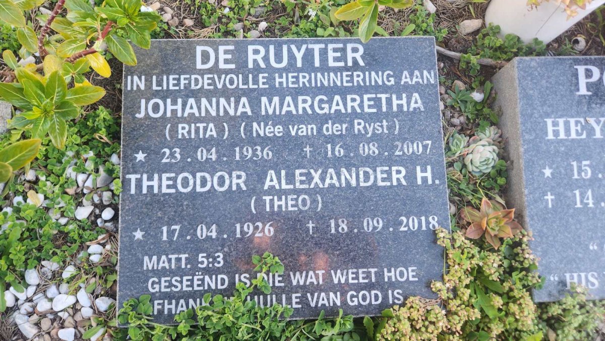 RUYTER Theodor Alexander H., de 1926-2018 & Johanna Margaretha VAN DER RYST 1936-2007