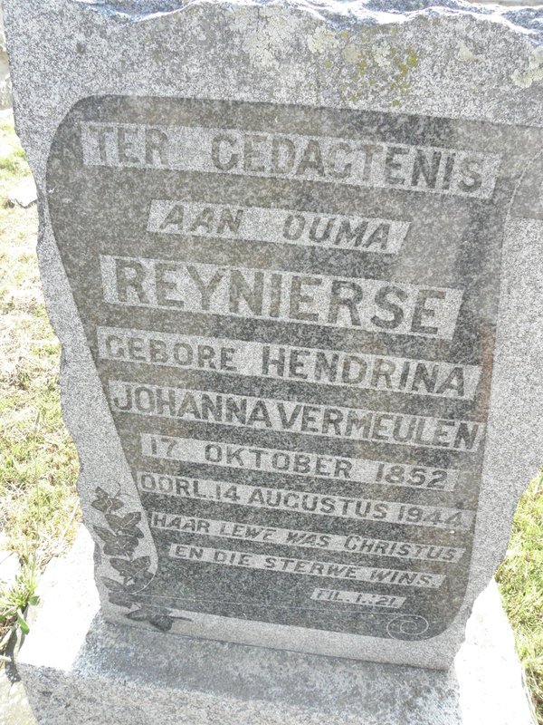 REYNIERSE Hendrina Johanna nee VERMEULEN 1852-1944